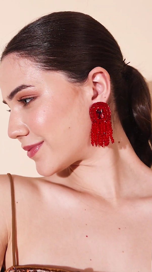 Ruby Woo Crystal Tassel Earrings